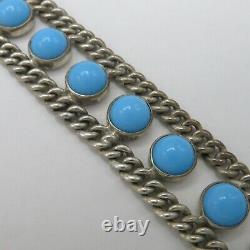 Vtg Early Mexican Taxco Sterling Silver Turquoise Glass Curb Chain Bracelet