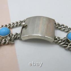 Vtg Early Mexican Taxco Sterling Silver Turquoise Glass Curb Chain Bracelet