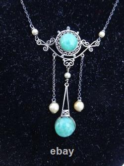 Vtg Edwardian Art Nouveau Sterling Filigree Faux Jade Pearls Lavalier Necklace