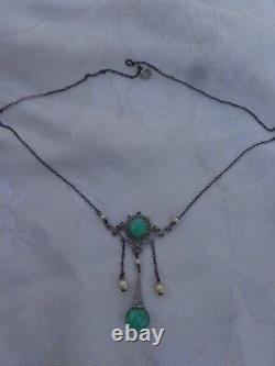Vtg Edwardian Art Nouveau Sterling Filigree Faux Jade Pearls Lavalier Necklace