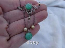 Vtg Edwardian Art Nouveau Sterling Filigree Faux Jade Pearls Lavalier Necklace