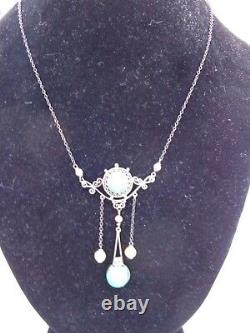 Vtg Edwardian Art Nouveau Sterling Filigree Faux Jade Pearls Lavalier Necklace