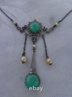 Vtg Edwardian Art Nouveau Sterling Filigree Faux Jade Pearls Lavalier Necklace