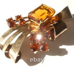 Vtg Enormous Sterling Silver Huge Yellow Stone Glass Brooch 4