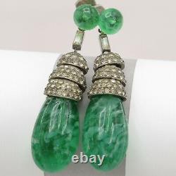 Vtg French Art Deco Pate de Verre Poured Glass Moghul Dangle Silver Earrings