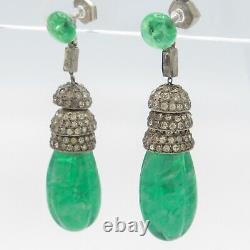 Vtg French Art Deco Pate de Verre Poured Glass Moghul Dangle Silver Earrings