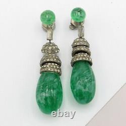 Vtg French Art Deco Pate de Verre Poured Glass Moghul Dangle Silver Earrings