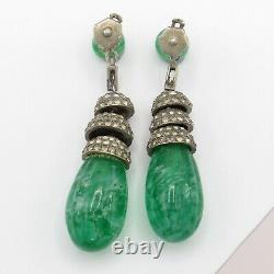 Vtg French Art Deco Pate de Verre Poured Glass Moghul Dangle Silver Earrings