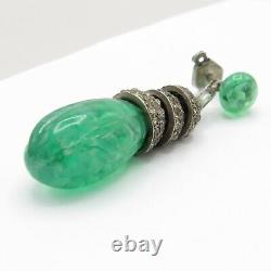 Vtg French Art Deco Pate de Verre Poured Glass Moghul Dangle Silver Earrings