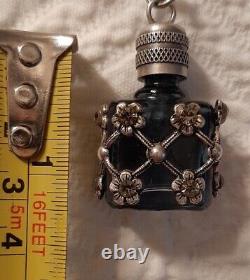 Vtg Necklace Perfume Bottle Pendant Silver Ornate Flowers Over Glass Snuff 925