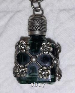 Vtg Necklace Perfume Bottle Pendant Silver Ornate Flowers Over Glass Snuff 925