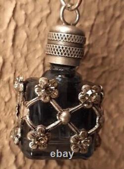 Vtg Necklace Perfume Bottle Pendant Silver Ornate Flowers Over Glass Snuff 925