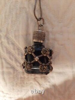 Vtg Necklace Perfume Bottle Pendant Silver Ornate Flowers Over Glass Snuff 925