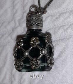 Vtg Necklace Perfume Bottle Pendant Silver Ornate Flowers Over Glass Snuff 925