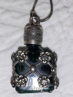 Vtg Necklace Perfume Bottle Pendant Silver Ornate Flowers Over Glass Snuff 925