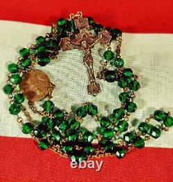 Vtg Original 925 Sterling Silver Ihs Rosary Green Crystal Glass Beads Antique
