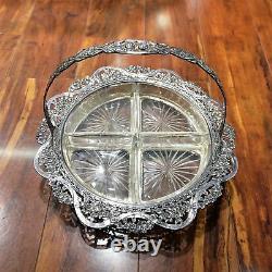 Vtg Shreve & Co Sterling Silver Basket Hors D'Oeurve Dish Glass Inserts Ornate