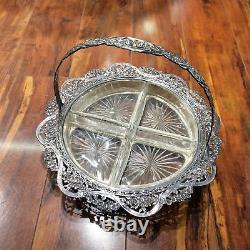 Vtg Shreve & Co Sterling Silver Basket Hors D'Oeurve Dish Glass Inserts Ornate