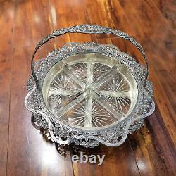 Vtg Shreve & Co Sterling Silver Basket Hors D'Oeurve Dish Glass Inserts Ornate
