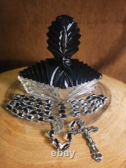 Vtg Sterling Silver Black Clear Czech Art Glass Rosary & Antique Art Deco Box
