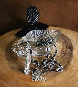 Vtg Sterling Silver Black Clear Czech Art Glass Rosary & Antique Art Deco Box