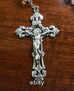 Vtg Sterling Silver Black Clear Czech Art Glass Rosary & Antique Art Deco Box