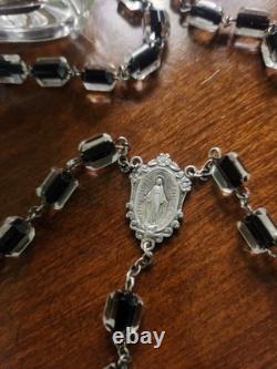 Vtg Sterling Silver Black Clear Czech Art Glass Rosary & Antique Art Deco Box