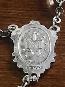 Vtg Sterling Silver Black Clear Czech Art Glass Rosary & Antique Art Deco Box