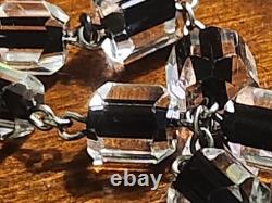 Vtg Sterling Silver Black Clear Czech Art Glass Rosary & Antique Art Deco Box