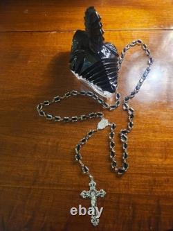 Vtg Sterling Silver Black Clear Czech Art Glass Rosary & Antique Art Deco Box