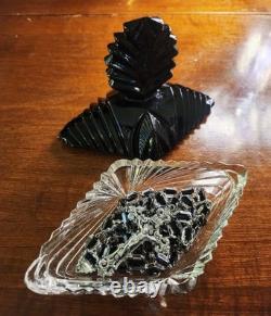 Vtg Sterling Silver Black Clear Czech Art Glass Rosary & Antique Art Deco Box