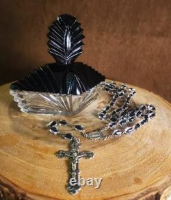 Vtg Sterling Silver Black Clear Czech Art Glass Rosary & Antique Art Deco Box