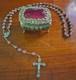 Vtg Sterling Silver Filigreed Burgundy Moonglow Roses Rosary & Vtg Glass Lid Box