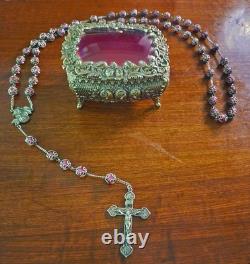 Vtg Sterling Silver Filigreed Burgundy Moonglow Roses Rosary & Vtg Glass Lid Box