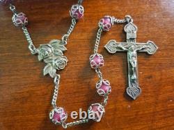 Vtg Sterling Silver Filigreed Burgundy Moonglow Roses Rosary & Vtg Glass Lid Box