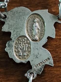 Vtg Sterling Silver Filigreed Burgundy Moonglow Roses Rosary & Vtg Glass Lid Box