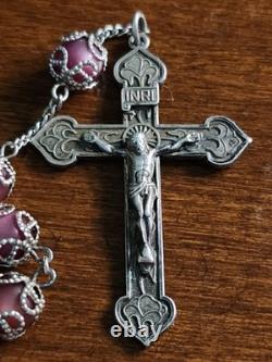 Vtg Sterling Silver Filigreed Burgundy Moonglow Roses Rosary & Vtg Glass Lid Box