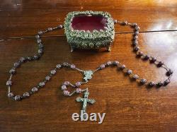 Vtg Sterling Silver Filigreed Burgundy Moonglow Roses Rosary & Vtg Glass Lid Box