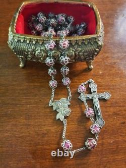 Vtg Sterling Silver Filigreed Burgundy Moonglow Roses Rosary & Vtg Glass Lid Box