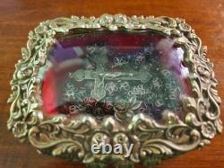 Vtg Sterling Silver Filigreed Burgundy Moonglow Roses Rosary & Vtg Glass Lid Box