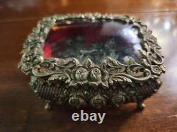 Vtg Sterling Silver Filigreed Burgundy Moonglow Roses Rosary & Vtg Glass Lid Box
