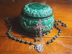 Vtg Sterling Silver Malachite Stone Beads Rosary & Vtg Czech Malachite Glass Box