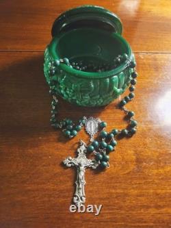 Vtg Sterling Silver Malachite Stone Beads Rosary & Vtg Czech Malachite Glass Box
