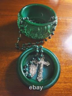 Vtg Sterling Silver Malachite Stone Beads Rosary & Vtg Czech Malachite Glass Box