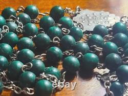 Vtg Sterling Silver Malachite Stone Beads Rosary & Vtg Czech Malachite Glass Box