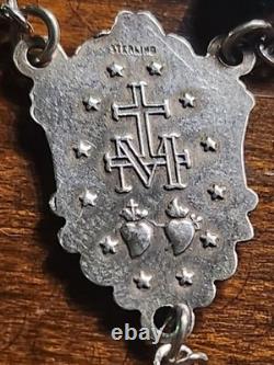 Vtg Sterling Silver Malachite Stone Beads Rosary & Vtg Czech Malachite Glass Box