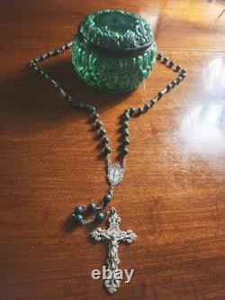 Vtg Sterling Silver Malachite Stone Beads Rosary & Vtg Czech Malachite Glass Box