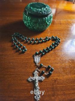 Vtg Sterling Silver Malachite Stone Beads Rosary & Vtg Czech Malachite Glass Box