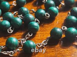 Vtg Sterling Silver Malachite Stone Beads Rosary & Vtg Czech Malachite Glass Box