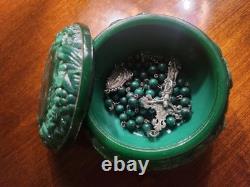 Vtg Sterling Silver Malachite Stone Beads Rosary & Vtg Czech Malachite Glass Box